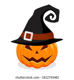 Halloween pumpkin with witches hat isolated on white background. vector