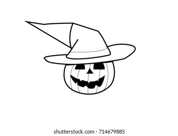 Halloween pumpkin with witches hat isolated on white background, vector illustration