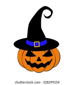 Halloween pumpkin in witches hat vector illustration, Jack O Lantern isolated on white background. Scary orange picture with eyes.