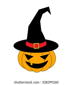 Halloween pumpkin in witches hat vector illustration, Jack O Lantern isolated on white background. Scary orange picture with eyes.