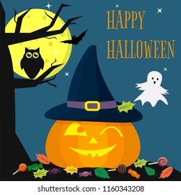 Halloween pumpkin in a witch-hat smiles. Near a tree, an owl, a ghost, a full moon at night. Sweets and leaves, volatile vampires and stars. Autumn holiday. Vector, flat style, cartoon.
