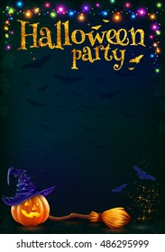 Halloween pumpkin and witch's broom on dark background with colorful lamps garland, vector Halloween party poster template.