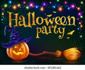 Halloween pumpkin and witch's broom on dark background with colorful lamps garland, vector Halloween party flyer template