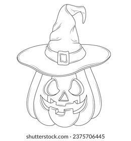 Halloween pumpkin in a witch's cap .Coloring book antistress for children and adults. Illustration isolated on white background.