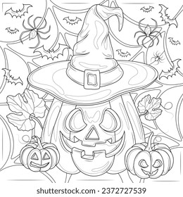 Calabaza de Halloween con la gorra de una bruja y la tela de una araña. Antirestrés del libro de colorear para niños y adultos. Ilustración aislada sobre fondo blanco. Estilo zenano-margino. Dibujo manual