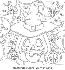 Halloween pumpkin in a witch's cap and a spider's web.Coloring book antistress for children and adults. Illustration isolated on white background.