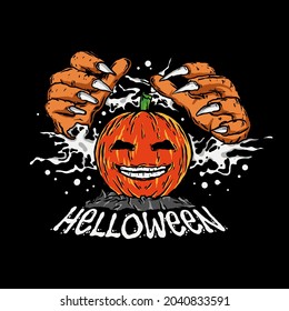 Halloween with pumpkin and witch's hand looks so cool Premium Vector, for t-shirt, apparel, poster, sticker, anything