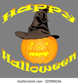 Halloween pumpkin with witch's hat and greeting text, vector