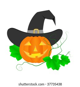 halloween pumpkin with witch's hat isolated on a white. Vector illustration.
