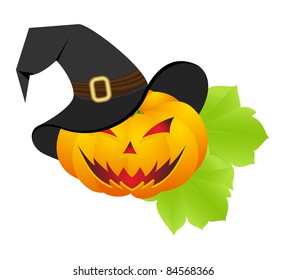 Halloween pumpkin with witch's hat isolated on a white. Vector illustration.