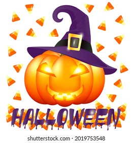 Halloween pumpkin in a witch's hat and scattered candy corn on a white background. Halloween poster with holiday attributes. Vector illustration with pumpkin and sweets.