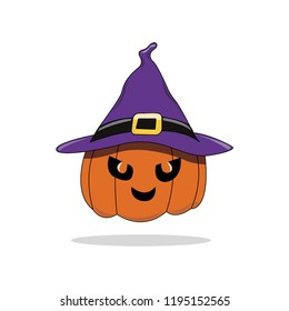Halloween pumpkin with a witch's hat. Vector illustration in a cartoon style,isolated on white background. Vector illustration in flat design. 
