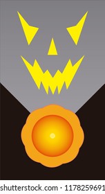 Halloween pumpkin without top viewed from above, projecting light with the shape of your face.