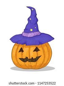Halloween Pumpkin in wizard hat. Isolated vector illustration on white background. Cartoon orange vegetable in a blue violet sorceress costume. Festive lantern monster on Halloween.