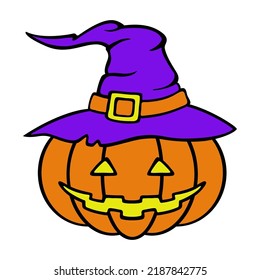Halloween pumpkin with wizard hat. Scary face. Jack o lantern. Vector character isolated on white background