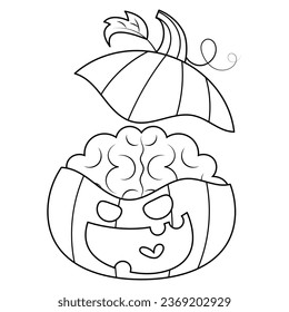 Halloween pumpkin zombie with brain inside vector illustration cartoon isolated on white background. Halloweem pumpkin ghost. Jack-o-Lantern with brain. 