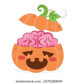 Halloween pumpkin zombie with brain inside vector illustration cartoon isolated on white background. Halloweem pumpkin ghost. Jack-o-Lantern with brain. 