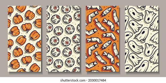 Halloween pumpkin and zombie finger. Eye and scary ghost for creepy backgrounds. Set of seamless patterns with eyeball, undead and spirit for holiday package and wrapper