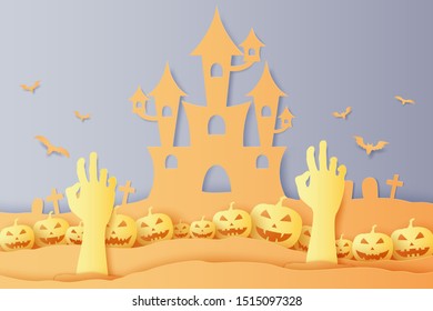 Halloween pumpkin, zombie hand, castle and graveyard, paper art style