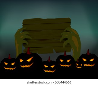 Halloween pumpkin and Zombie hand hold signboard. Concept for Halloween poster, invitation card and banner in vector illustration