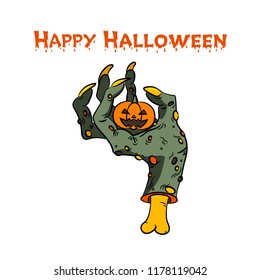 Halloween pumpkin in zombie hand. Vector illustration
