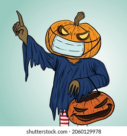 Halloween pumpkin-headed scarecrow character with face mask looks spooky and pointing finger vector. Halloween celebration in the covid-19 situation.