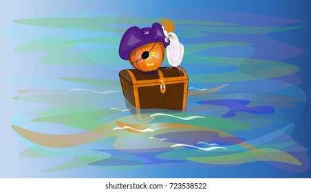 Halloween pumpkin-pirate with a parrot sitting on the treasure chest floating in the ocean, illustration