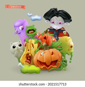 Halloween pumpkins. 3d vector cartoon illustration