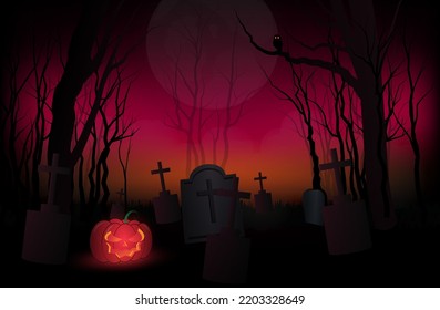 Las calabazas de Halloween en el cementerio abandonado y las muchas tumbas en la noche del cielo rojo conforman un anuncio o diseño impreso.