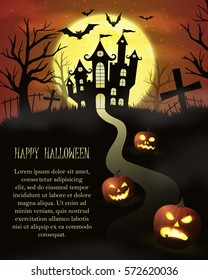 Halloween pumpkins against the dark of the castle, trees and the full moon with place for your text. Vector illustration.