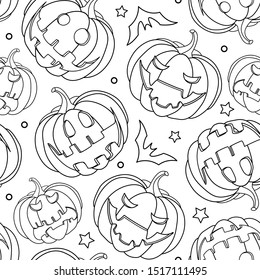 Halloween pumpkins for anti stress colouring page. Seamless pattern for coloring book. Vector illustration. Black and white background.