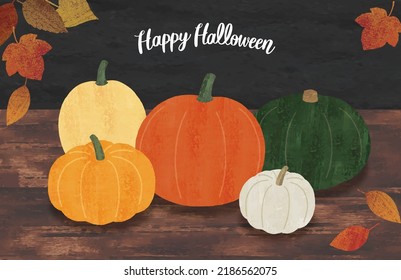 Halloween pumpkins and autumn leaves watercolor