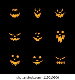 Halloween Pumpkins Background - Set of Teeth Smiling Pumpkin Face Silhouettes in the Dark