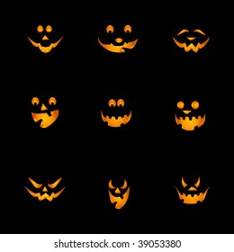 Halloween Pumpkins Background - Set of Teeth Smiling Pumpkin Face Silhouettes in the Dark 