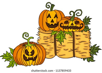 Halloween pumpkins with bale of hay
