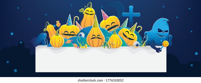 
Halloween pumpkins. Banner with pumpkin and ghost. Decorative objects for Halloween. Halloween background of cemetery. Full moon night. Trick or Treat illustration concept. Vector 