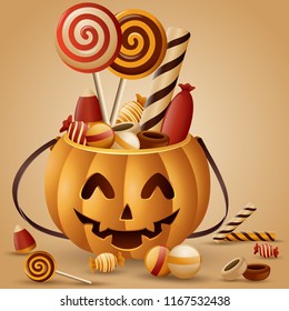 Halloween pumpkins basket and collected candy