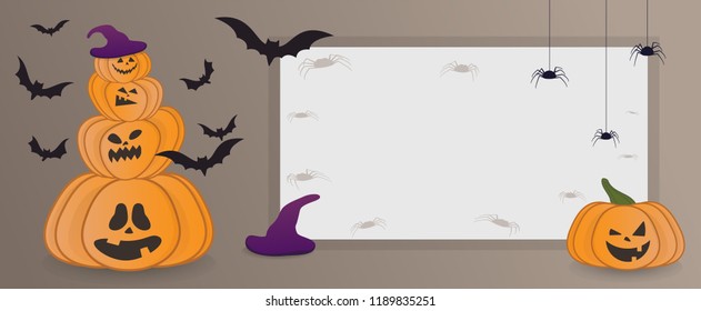 Halloween pumpkins and bat. Banner for Halloween day with space for text. size for website cover.