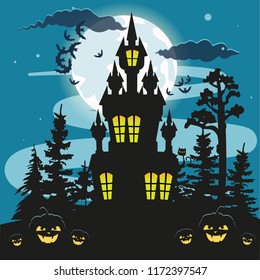 Halloween pumpkins and bat, Dark cat on Castle. The cemetery in the dark night with yellow full moon, Halloween Horror party advertising concept. theme design vector illustration with copy space.