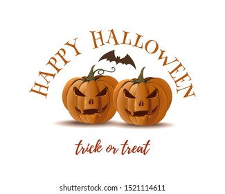 Halloween pumpkins and bat isolated on white background. Halloween design. Trick or treat. Vector illustration