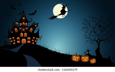 Halloween pumpkins with bat and Moon background, illustration.Vector