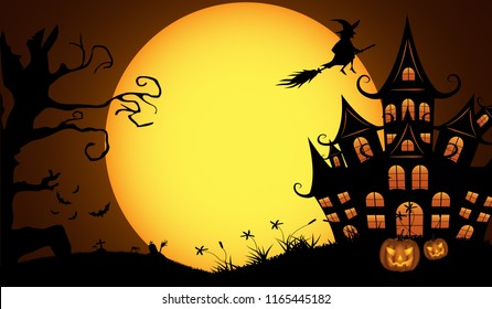 Halloween pumpkins with bat and Moon background, illustration.Vector