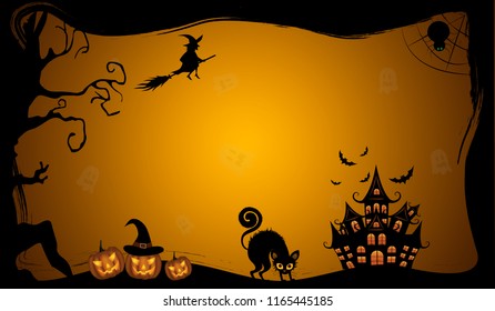 Halloween pumpkins with bat and Moon background, illustration.Vector