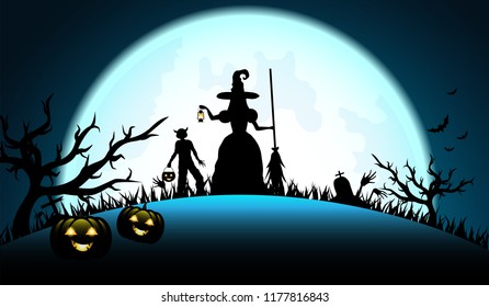 Halloween pumpkins with bat and Moon background, illustration.Vector
