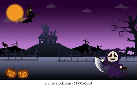 Halloween pumpkins with bat and Moon background, illustration.Vector