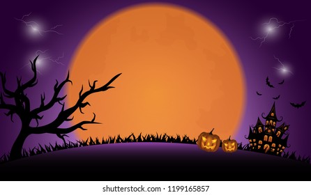 Halloween pumpkins with bat and Moon background, illustration.Vector