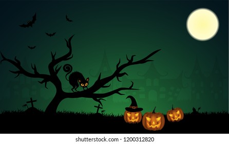 Halloween pumpkins with bat and Moon background, illustration.Vector
