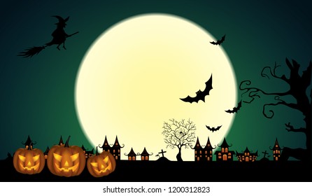 Halloween pumpkins with bat and Moon background, illustration.Vector