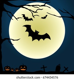 Halloween pumpkins with bat and Moon background, illustration.Vector
