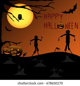 Halloween pumpkins with bat and Moon background, illustration.Vector